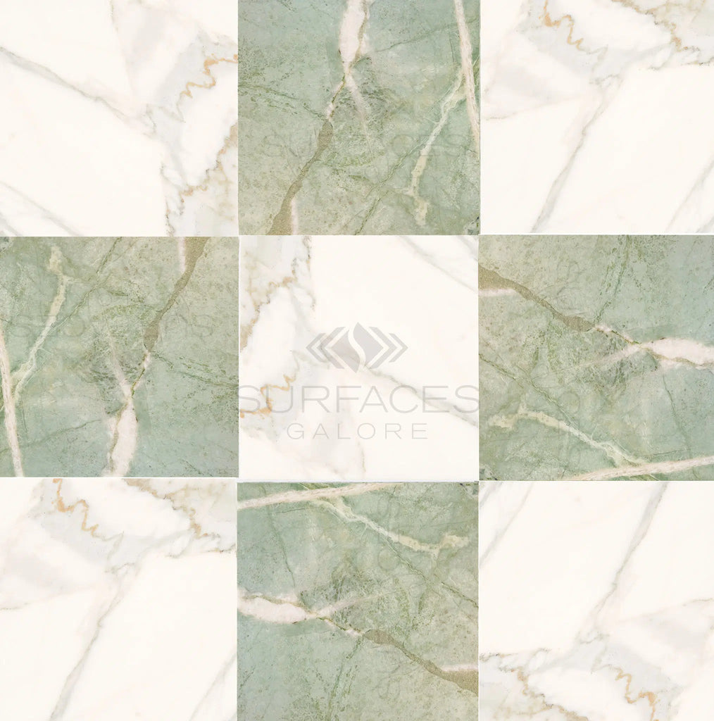 A pattern of large, green and white square tiles with a marble-like appearance, arranged in a checkerboard layout, showcases the design versatility of luxury natural stone using SurfacesGalore's Checkerboard Marble - Travertine Tile Ming Green Marble and Calacatta Gold Marble 12X12 Set.