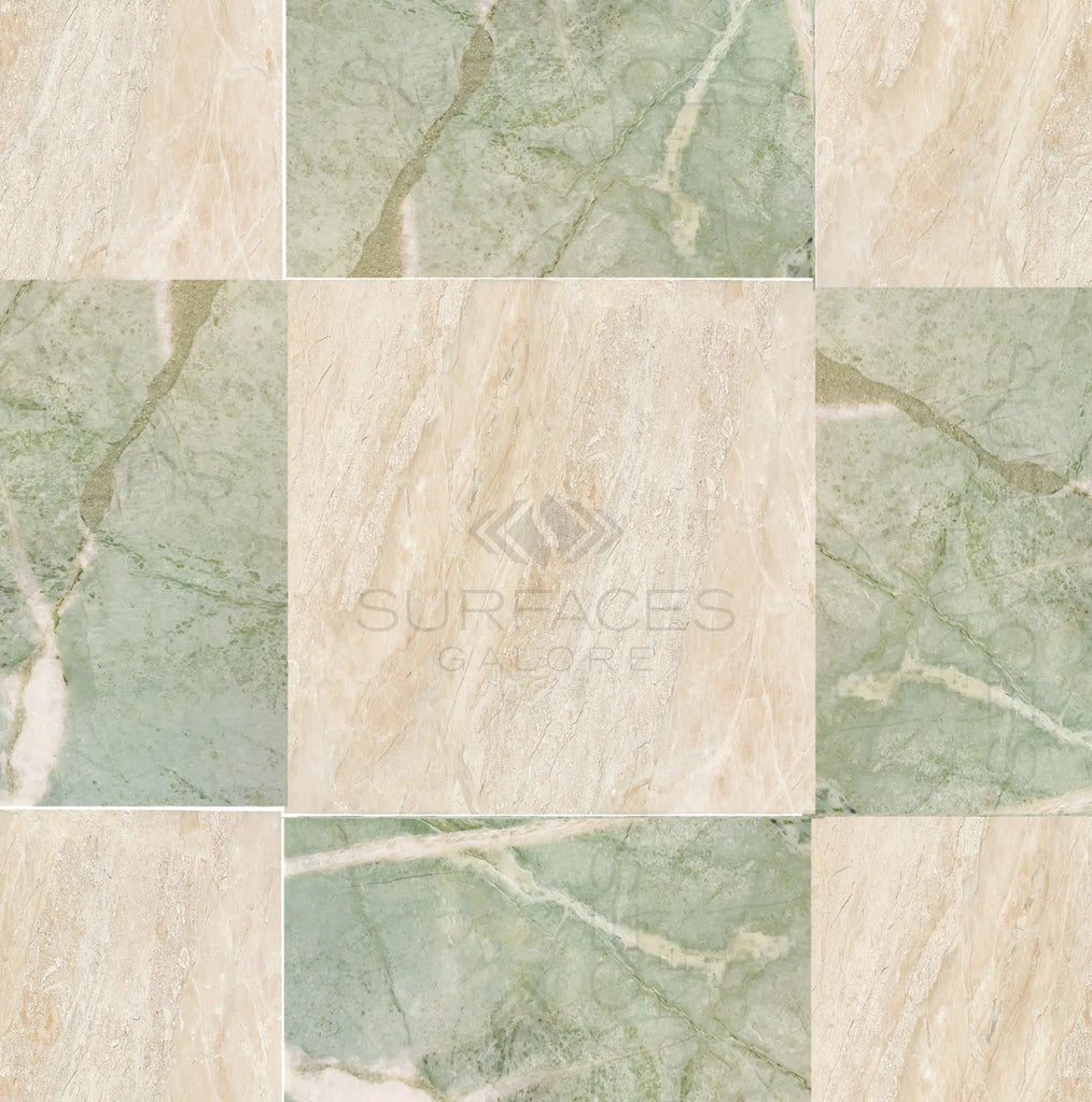 The "Checkerboard Marble - Travertine Tile Ming Green Marble and Diano Royal Marble 12X12 Set" by SurfacesGalore features a timeless checkerboard pattern in green and beige marble, with the elegant SurfacesGalore logo centered on the middle tile. Crafted from natural stone, this design adds sophistication to any space.