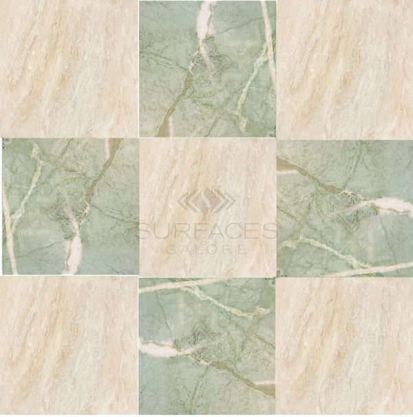 A grid of tiles featuring beige and green marble-like patterns, showcasing the SurfacesGalore logo in the center, exemplifies design versatility. The Checkerboard Marble - Travertine Tile Ming Green Marble and Diano Royal Marble 12X12 Set from SurfacesGalore beautifully illustrates this concept.