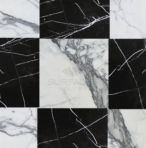 The Checkerboard Marble - Travertine Tile Nero Marquina Marble and Arabescato Marble 18X18 Set exudes luxury with its black and white marble tiles arranged in a checkerboard pattern, showcasing visible gray veining. SurfacesGalore offers you unparalleled design versatility.