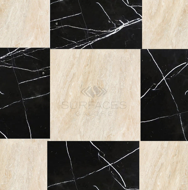 The Checkerboard Marble - Travertine Tile set, featuring Nero Marquina and Diano Royal marble in a 12x12 arrangement, epitomizes luxury craftsmanship with the text "SurfacesGalore" elegantly displayed in the center.