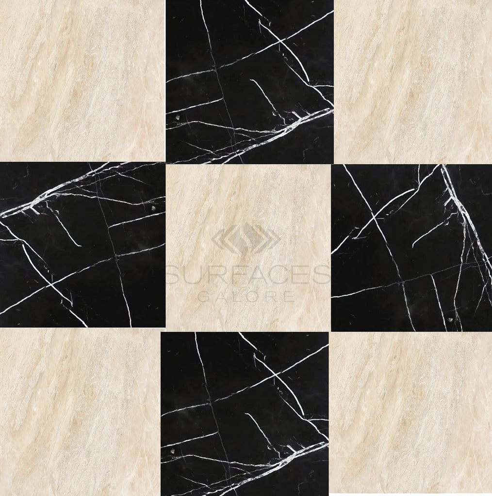 Checkerboard Marble - Travertine Tile set featuring Nero Marquina Marble with white veining and light beige Diano Royal Marble tiles, measures 12x12 inches. The text "SurfacesGalore" is faintly visible, exemplifying timeless design and luxury craftsmanship.