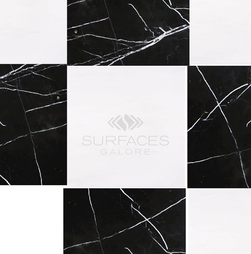 Checkerboard Marble - Travertine Tile Nero Marquina Marble and Dolomite Marble 12X12 Set tiles arranged in a classic checkerboard pattern with "SurfacesGalore" text in the center.