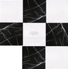 Checkerboard Marble - Travertine Tile Nero Marquina Marble and Dolomite Marble 12X12 Set tiles arranged alternately in black and white, exuding luxury natural stone elegance with the SurfacesGalore logo in the center.