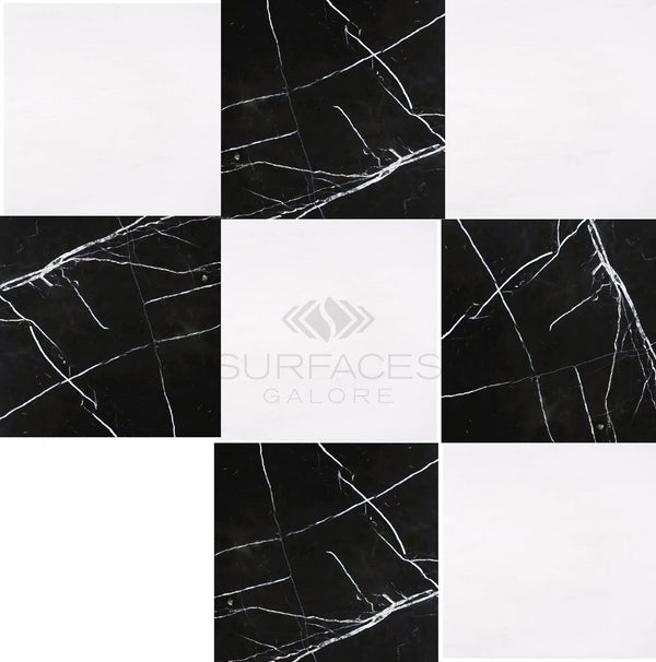 Checkerboard Marble - Travertine Tile Nero Marquina Marble and Dolomite Marble 12X12 Set tiles arranged alternately in black and white, exuding luxury natural stone elegance with the SurfacesGalore logo in the center.