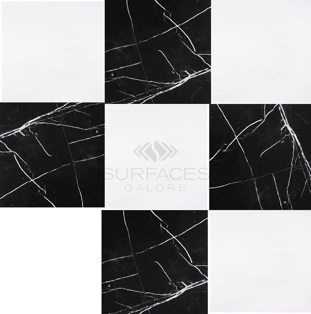 Checkerboard Marble - Travertine Tile Nero Marquina Marble and Dolomite Marble 18X18 Set, with alternating black and white tiles marked by thin veins in matching colors, from SurfacesGalore. This timeless design epitomizes luxury craftsmanship.