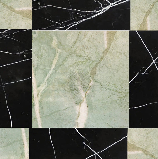 The Checkerboard Marble - Travertine Tile Nero Marquina Marble and Ming Green Marble 12X12 Set by SurfacesGalore features luxury natural stone in green and black, accented with white veins, arranged in a timeless checkerboard marble tile design.