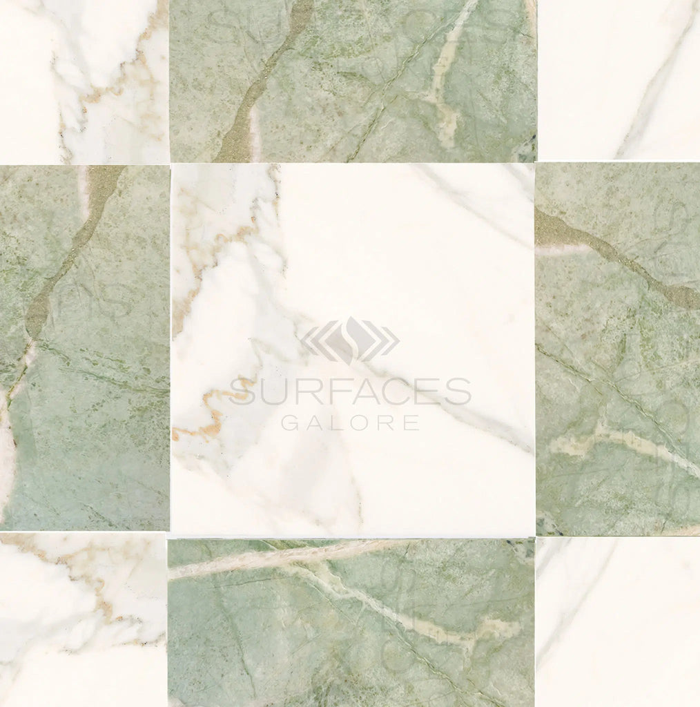 Checkerboard Ming Green Marble and Calacatta Gold Marble 12X12 Set