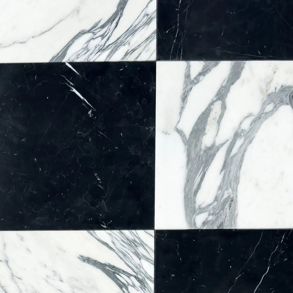 Checkerboard Nero Marquina Marble and Arabescato Corchia Marble 12X12 Set