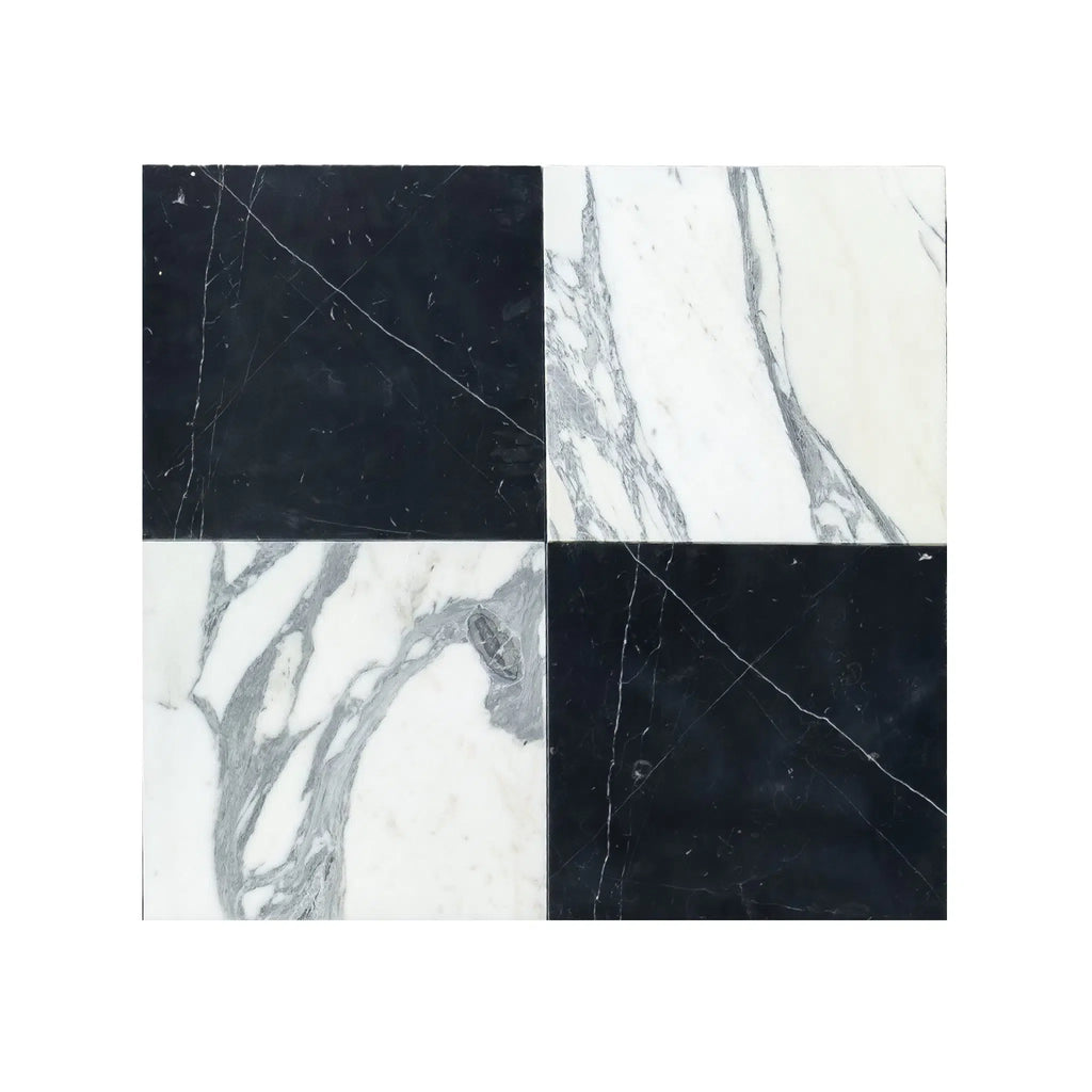 Checkerboard Nero Marquina Marble and Arabescato Corchia Marble 12X12 Set