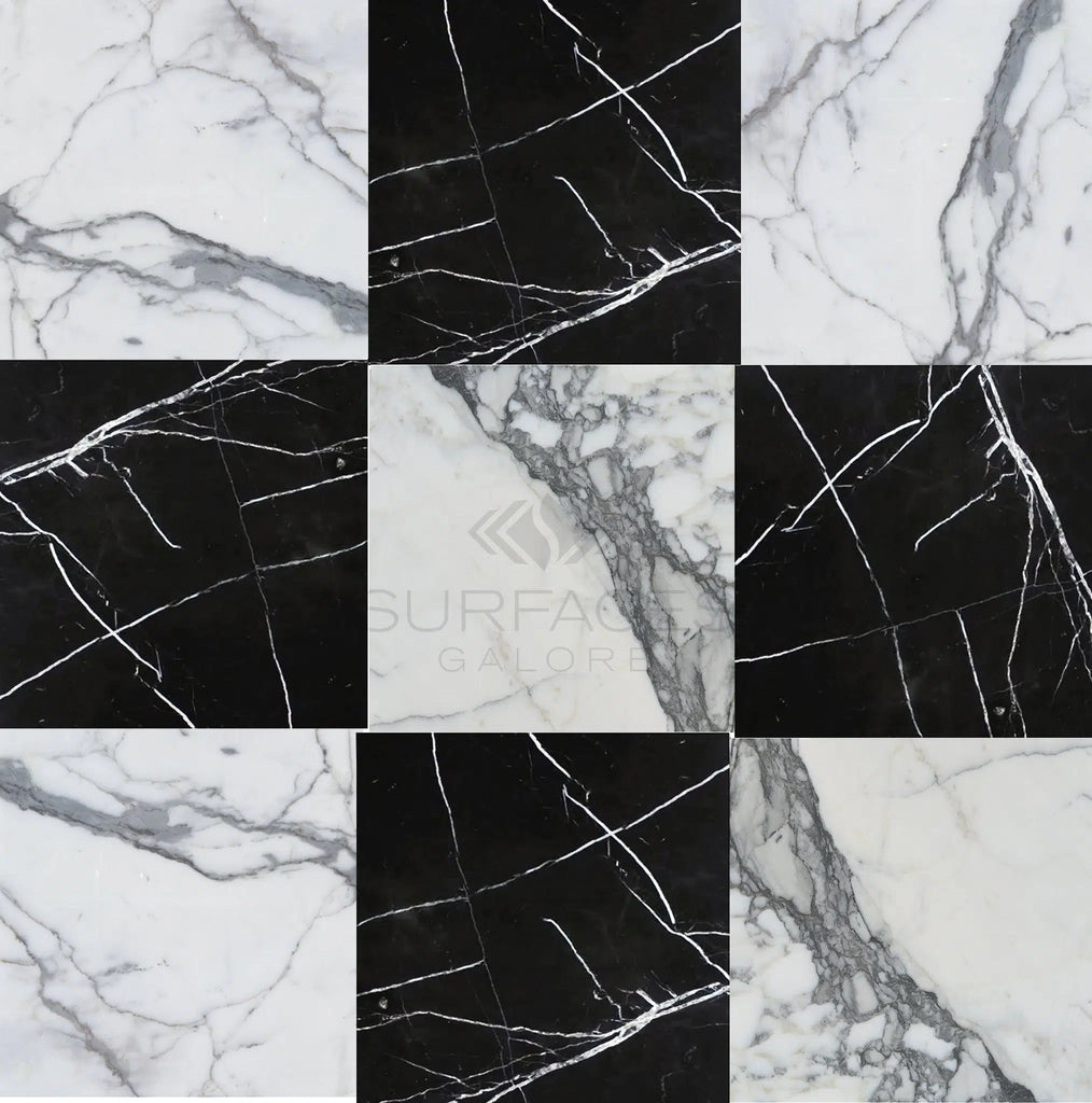 Checkerboard Nero Marquina Marble and Arabescato Marble 12X12 Set