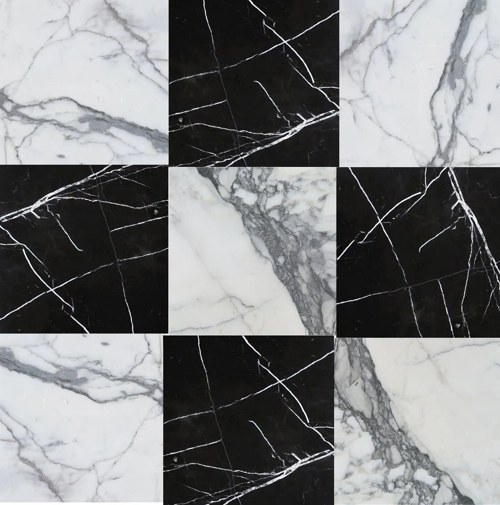 Checkerboard Nero Marquina Marble and Arabescato Marble 12X12 Set