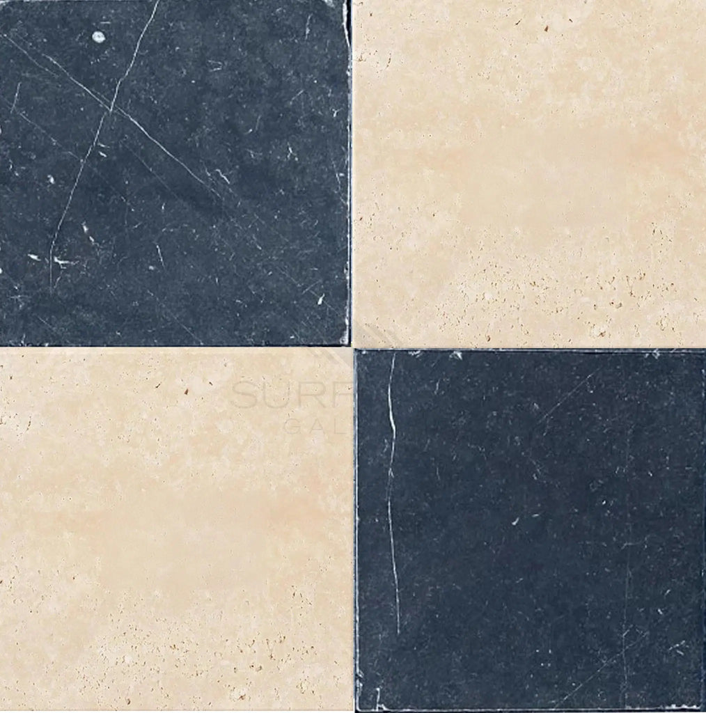 Checkerboard Nero Marquina Marble and Ivory (Light) Travertine 12X12 Tumbled Set