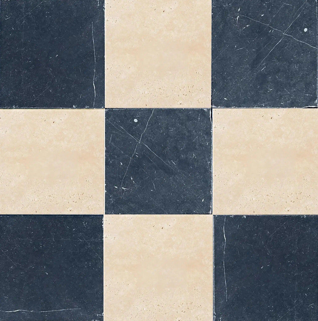 Checkerboard Nero Marquina Marble and Ivory (Light) Travertine 12X12 Tumbled Set