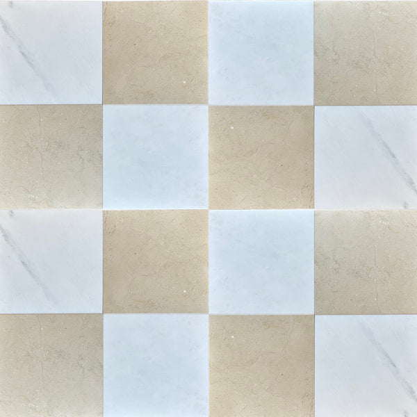 Checkerboard Oriental White (Asian Statuary) and Crema Marfil 18X18 Set