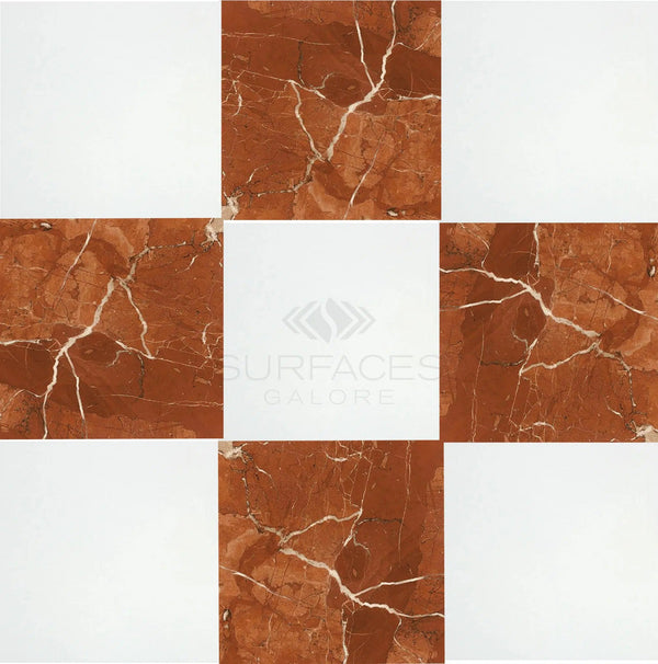 Checkerboard Rojo Alicante Marble and Thassos Marble 12X12 Set