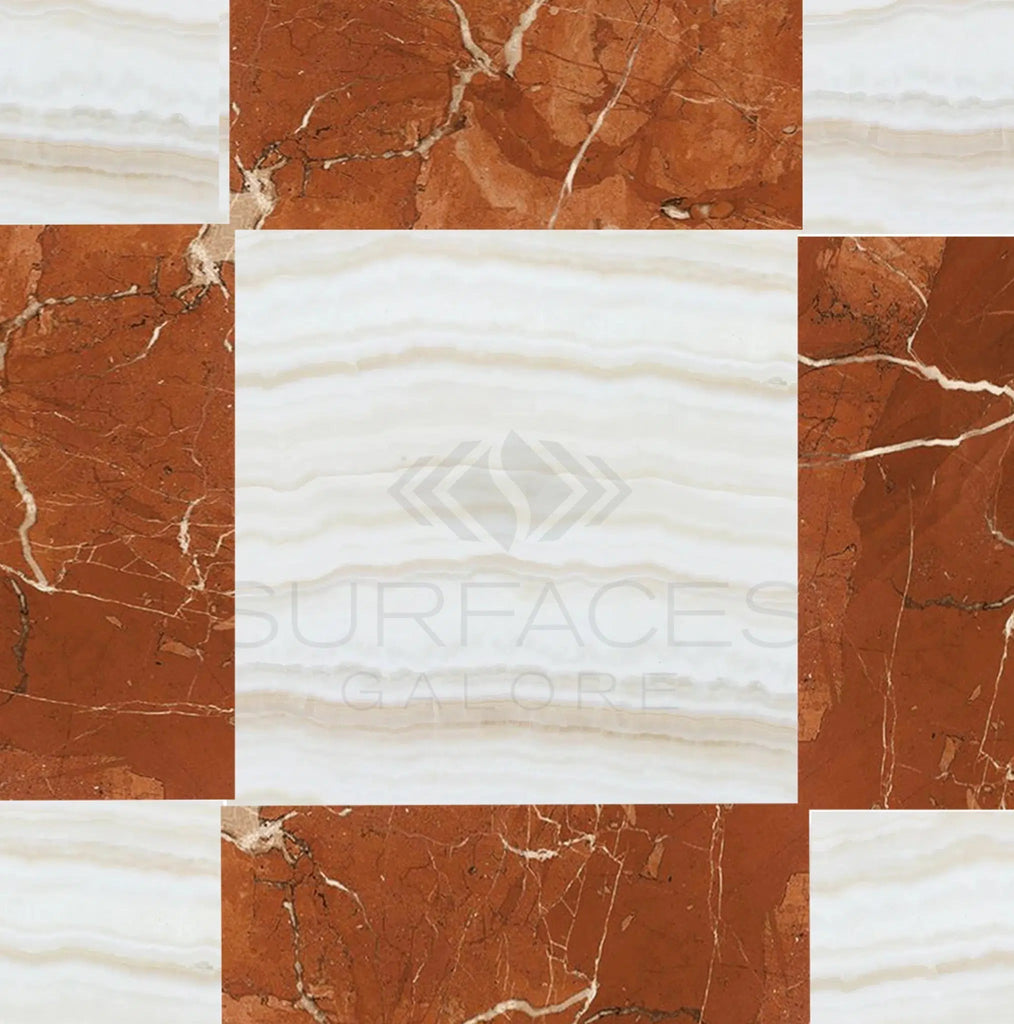 Checkerboard Rojo Alicante Marble and White Onyx (Vein-Cut) Marble 12X12 Set