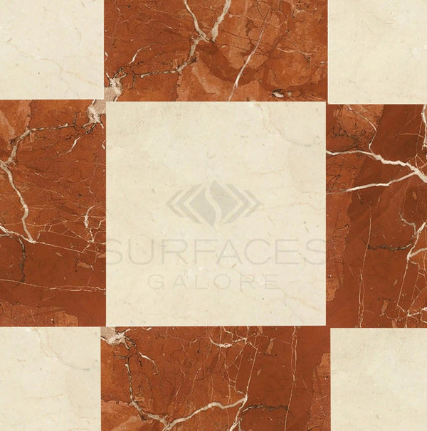 Checkerboard Rojo Alicante and Crema Marfil Marble 12X12 Set