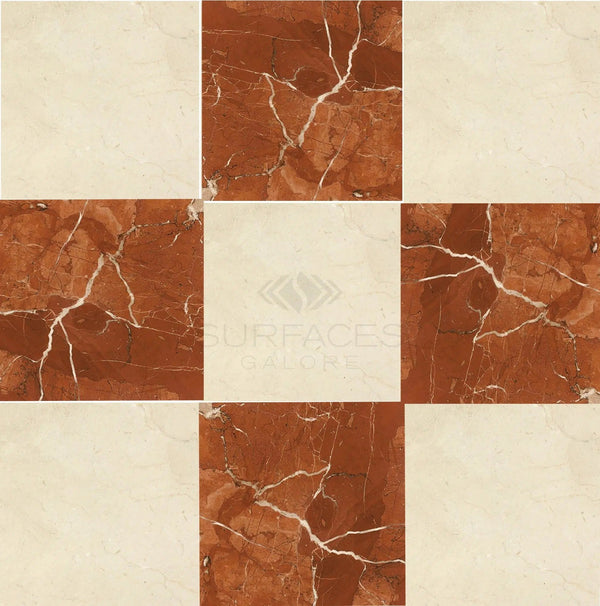 Checkerboard Rojo Alicante and Crema Marfil Marble 12X12 Set