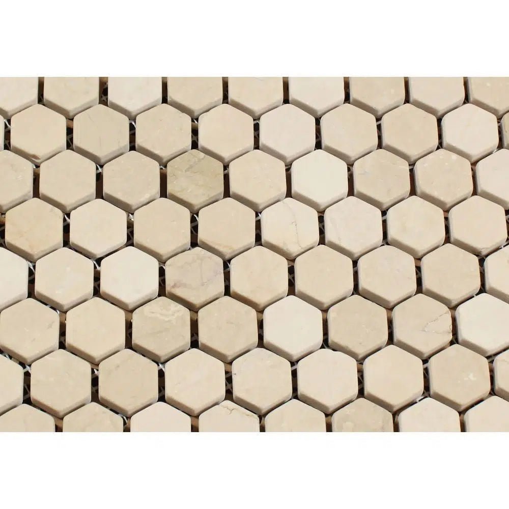 Crema Marfil Marble 1X1 Hexagon Mosaic Tumbled - SurfacesGalore