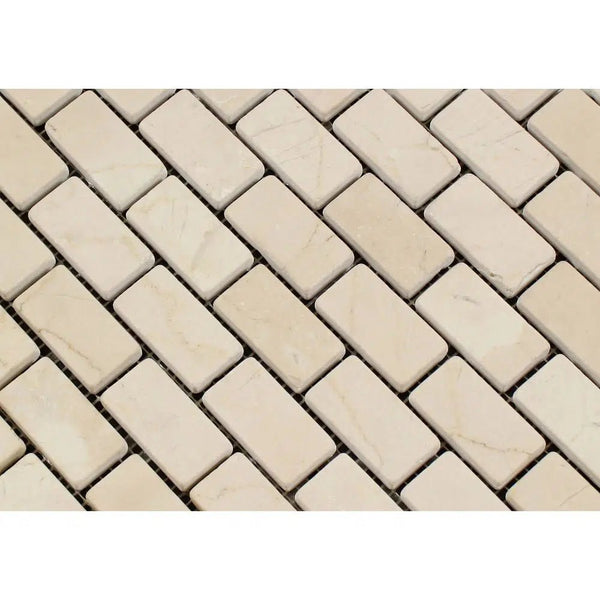 Crema Marfil Marble 1X2 Brick Mosaic Tumbled - SurfacesGalore