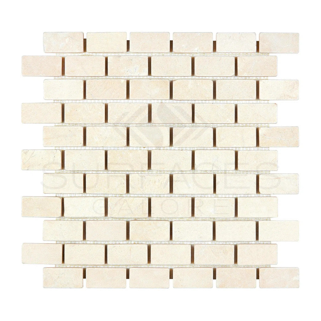 Crema Marfil Marble 1X2 Brick Mosaic Tumbled - SurfacesGalore