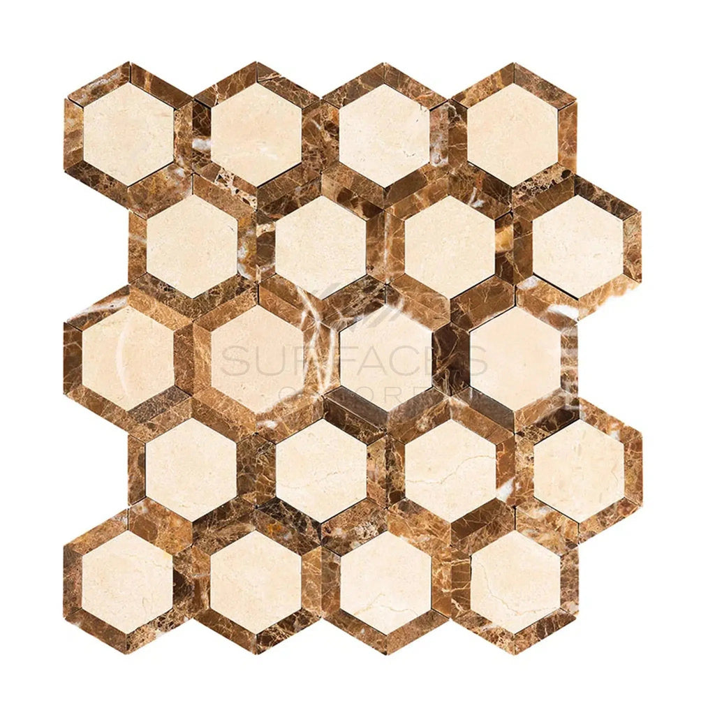 Crema Marfil Marble 2" Vortex Hexagon (w/ Emperador Dark) Mosaic Polished