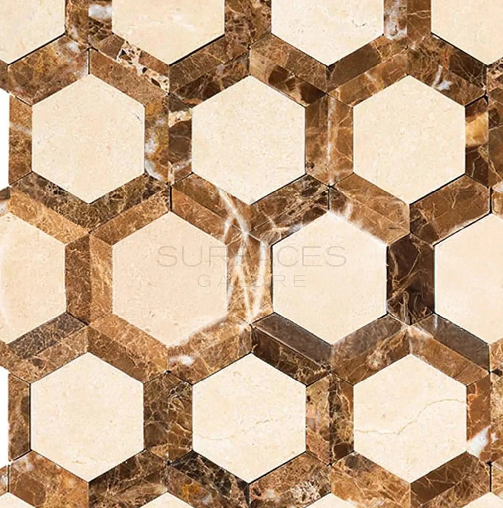 Crema Marfil Marble 2" Vortex Hexagon (w/ Emperador Dark) Mosaic Polished