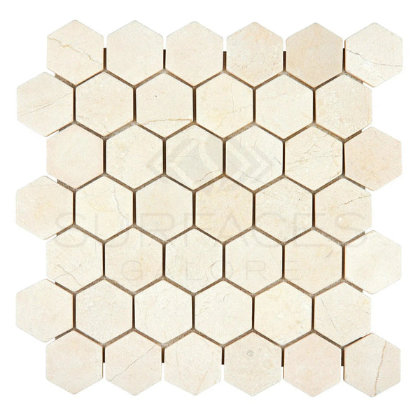 Crema Marfil Marble 2X2 Hexagon Mosaic Tumbled - SurfacesGalore