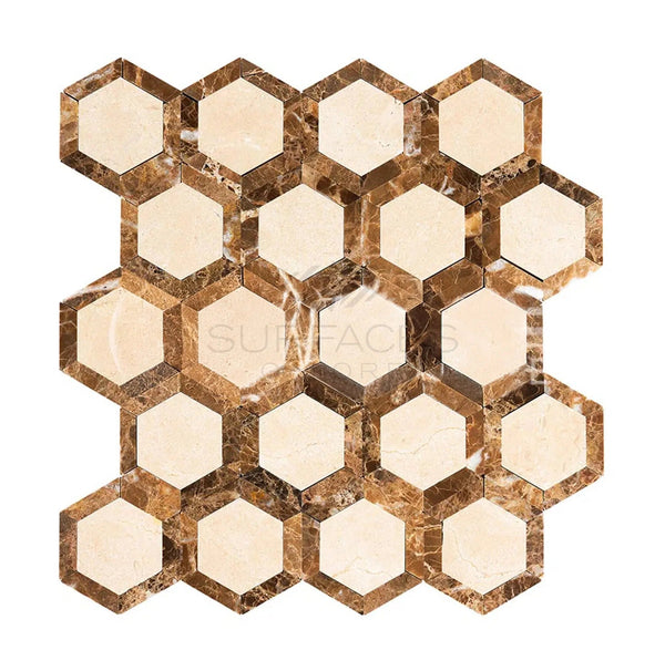 Crema Marfil Marble 2X2 Vortex Hexagon (w/ Emperador Dark) Mosaic Polished - SurfacesGalore