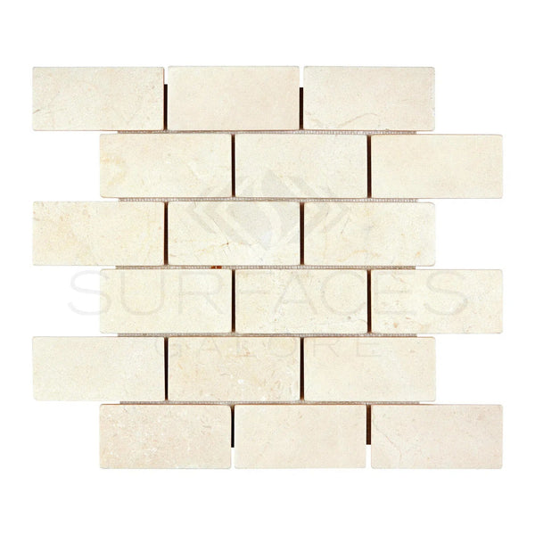 Crema Marfil Marble 2X4 Brick Mosaic Tumbled - SurfacesGalore