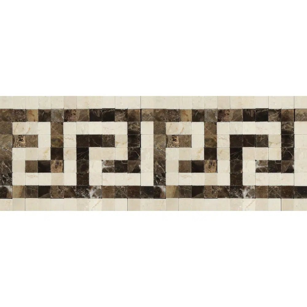 Crema Marfil Marble 3 1/2X7 Greek Key Border (Crema Marfil+Emp. Dark) Polished - SurfacesGalore