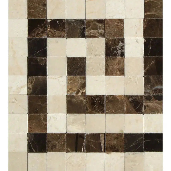 Crema Marfil Marble Greek Key Border CORNER (Crema Marfil + Emp. Dark) 3 1/8 X 3 1/2 Polished