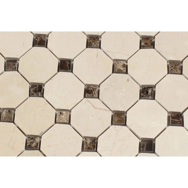 Crema Marfil Marble Octagon Mosaic w/ Emp. Dark Dots Mosaic Polished - Honed - SurfacesGalorePolished