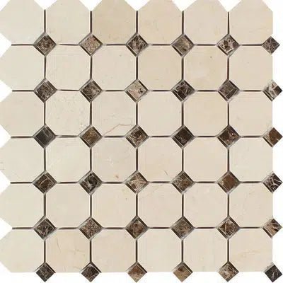 Crema Marfil Marble Octagon Mosaic w/ Emp. Dark Dots Mosaic Polished - Honed - SurfacesGalorePolished