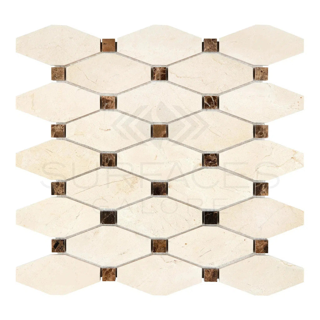 Crema Marfil Marble Octave (Long Octagon) Mosaic w/ Emp. Dark Dots Mosaic Polished-Honed