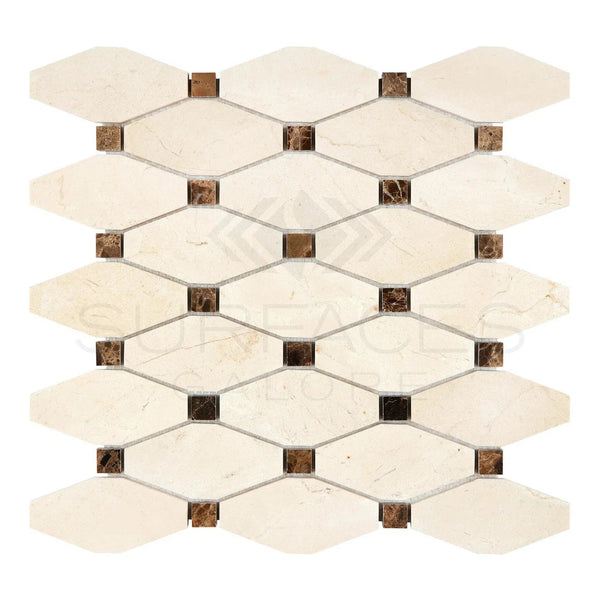 Crema Marfil Marble Octave (Long Octagon) Mosaic w/ Emp. Dark Dots Mosaic Polished - Honed - SurfacesGalorePolished