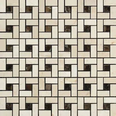 Crema Marfil Marble Pinwheel (Mini) w/ Emp. Dark Dots Mosaic Polished - Honed - SurfacesGalorePolished