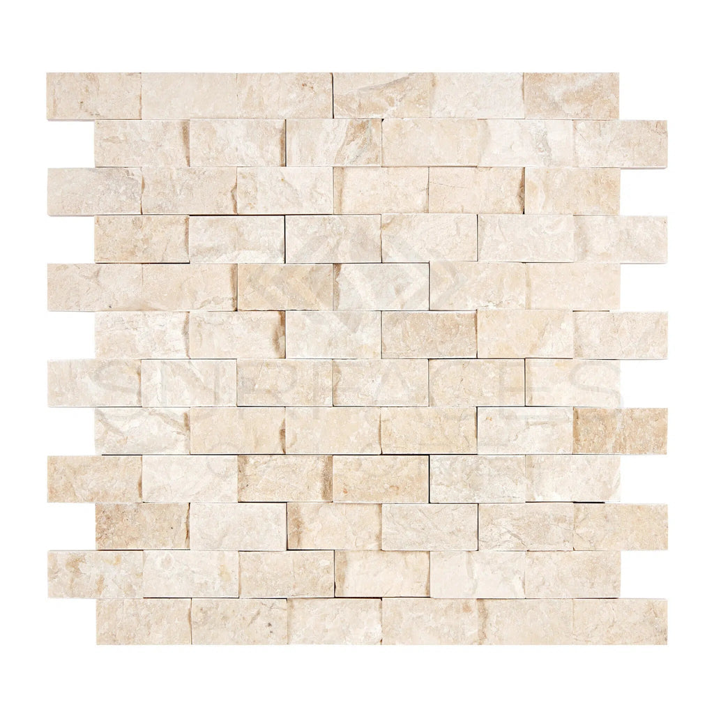 Diano Royal (Queen Beige) Marble 1X2 Brick Mosaic Split - Faced - SurfacesGalore