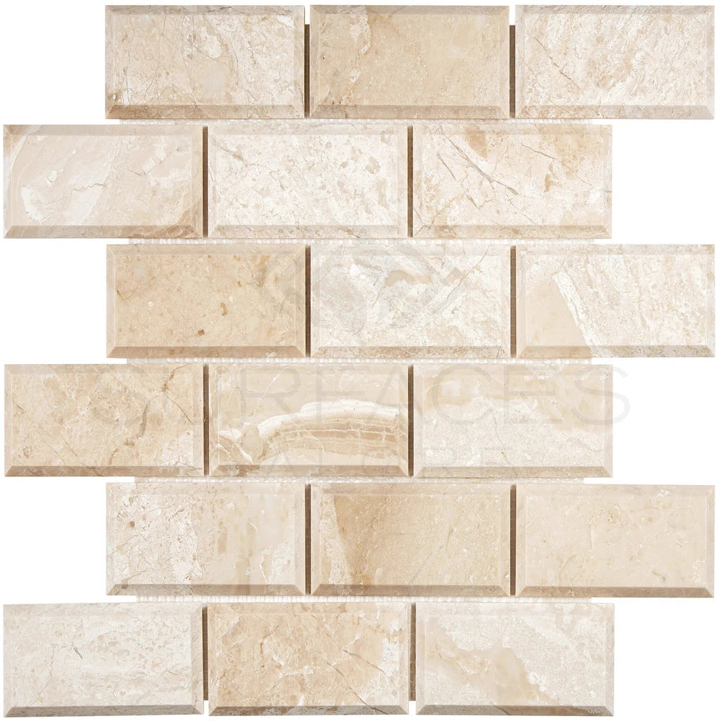 Diano Royal (Queen Beige) Marble 2X4 Deep - Beveled Brick Mosaic Polished - SurfacesGalore