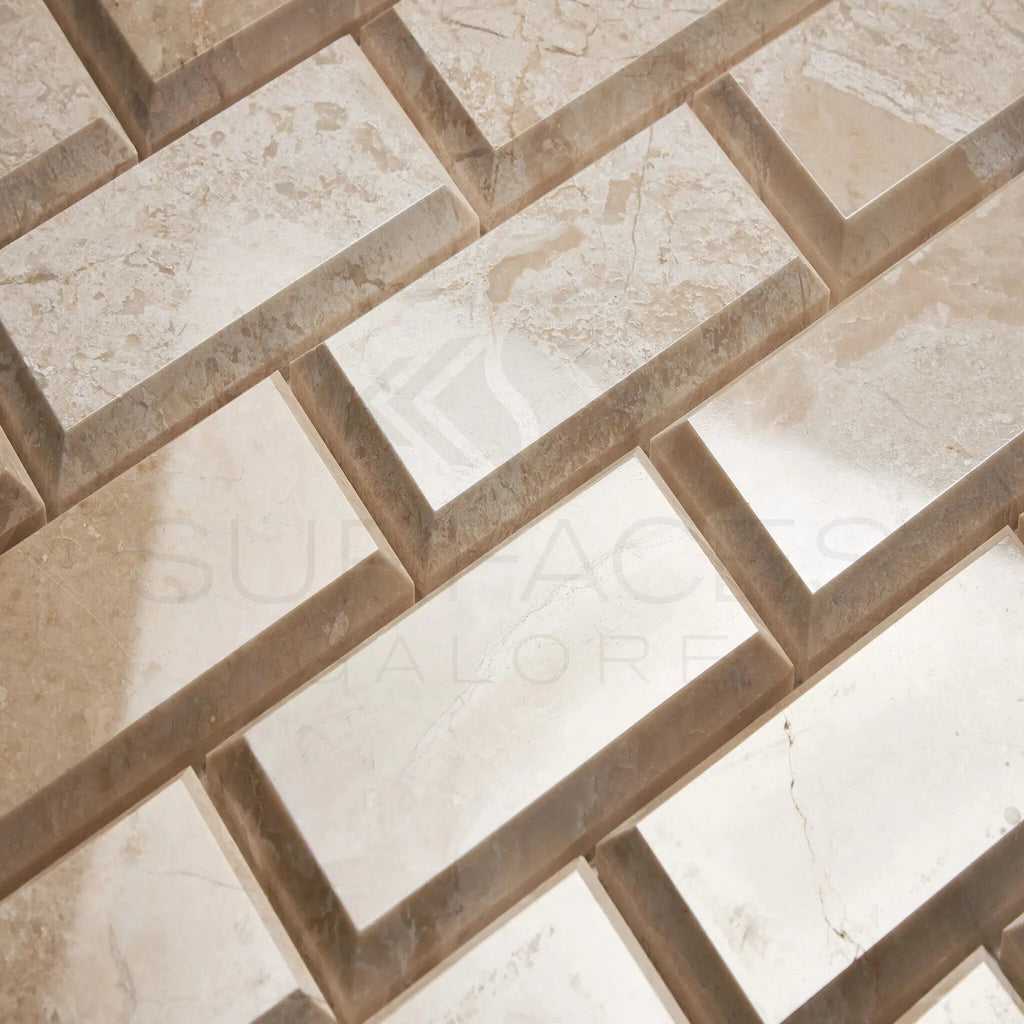 Diano Royal (Queen Beige) Marble 2X4 Deep - Beveled Brick Mosaic Polished - SurfacesGalore