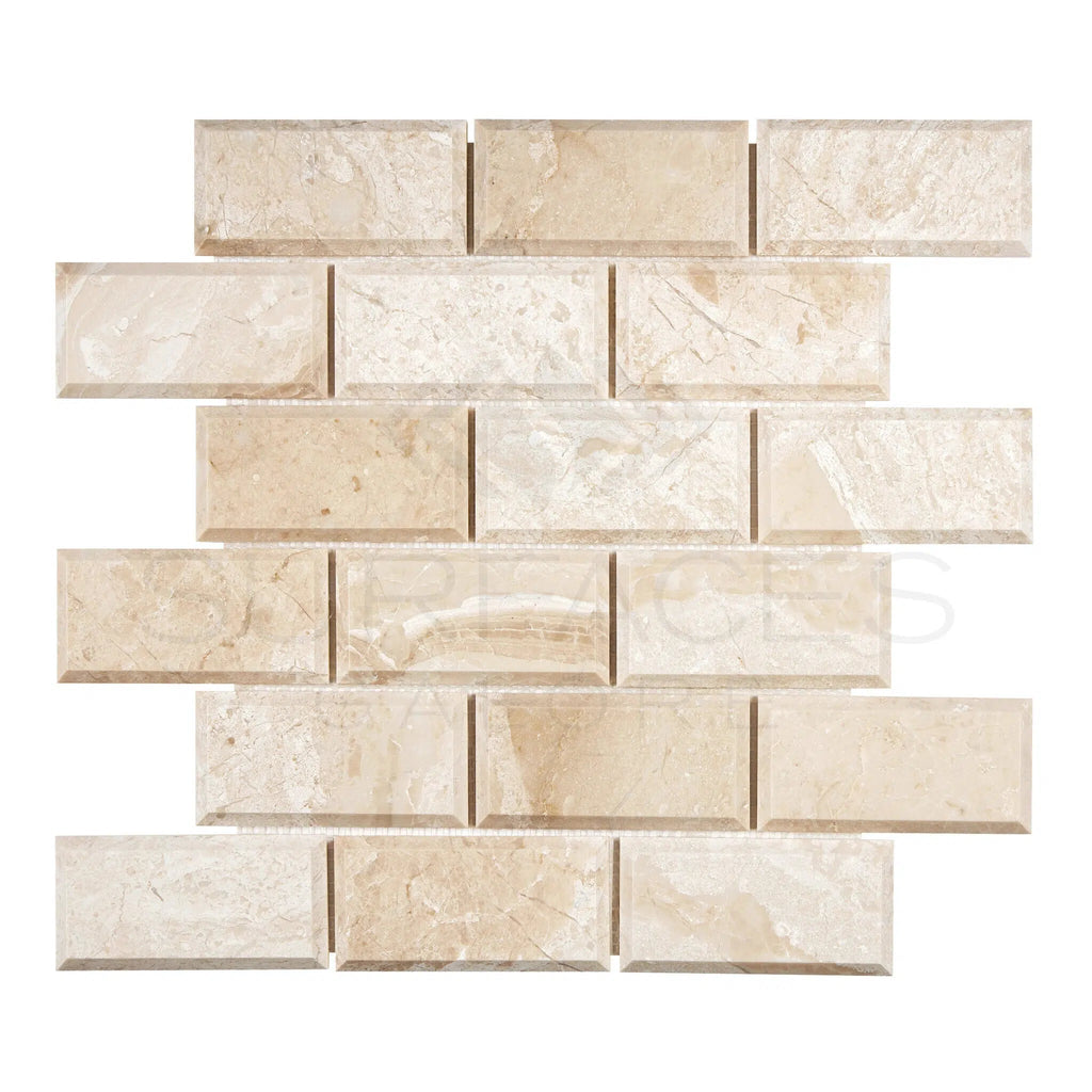 Diano Royal (Queen Beige) Marble 2X4 Deep - Beveled Brick Mosaic Polished - SurfacesGalore