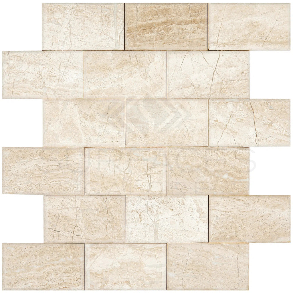 Diano Royal (Queen Beige) Marble 2X4 Pillowed Brick Mosaic Polished - SurfacesGalore