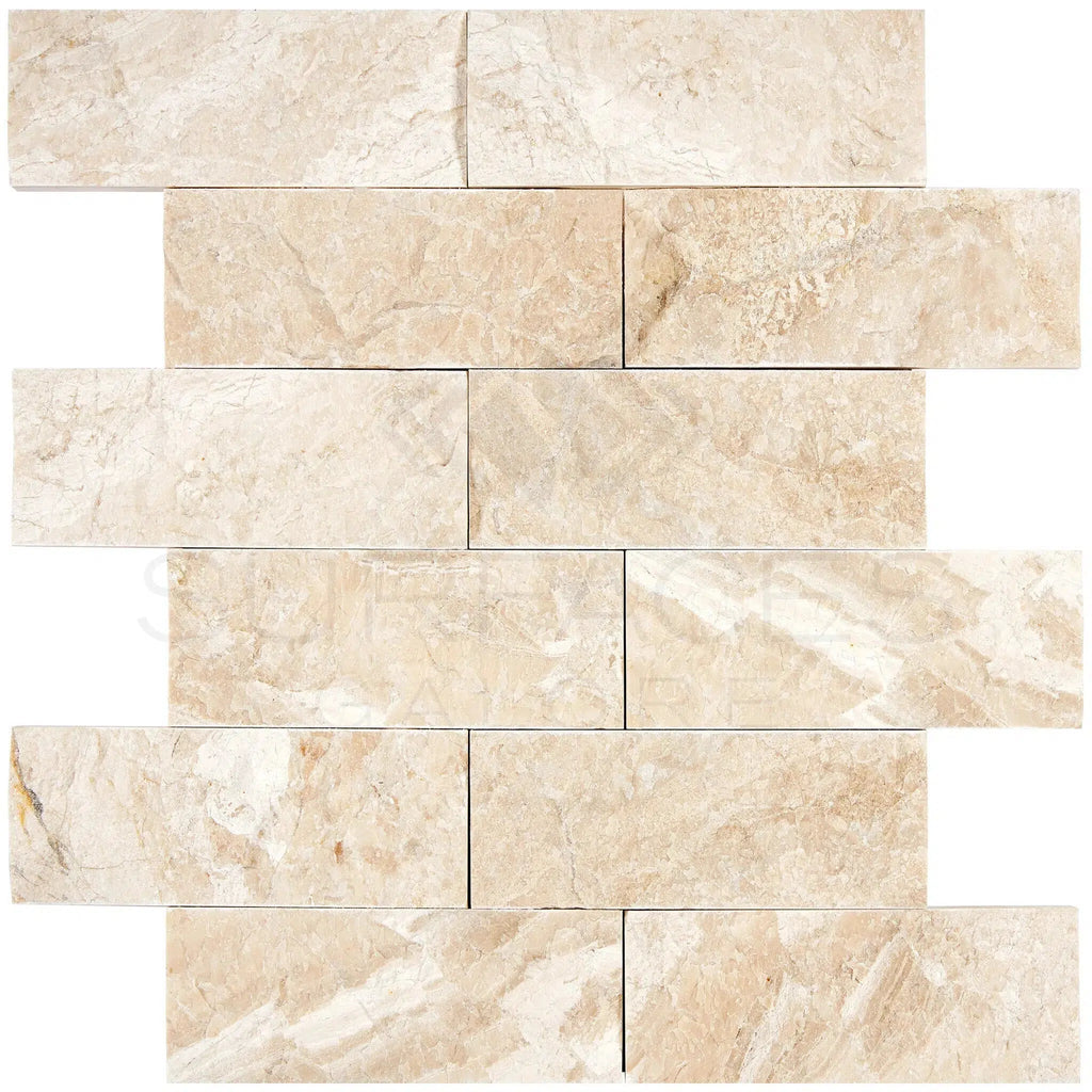 Diano Royal (Queen Beige) Marble 2X6 Brick Mosaic Split-Faced