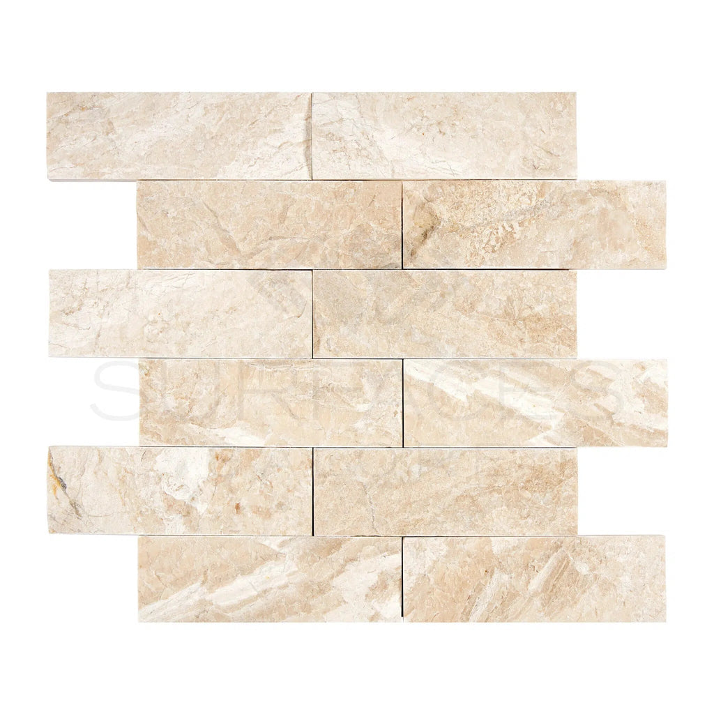 Diano Royal (Queen Beige) Marble 2X6 Brick Mosaic Split - Faced - SurfacesGalore