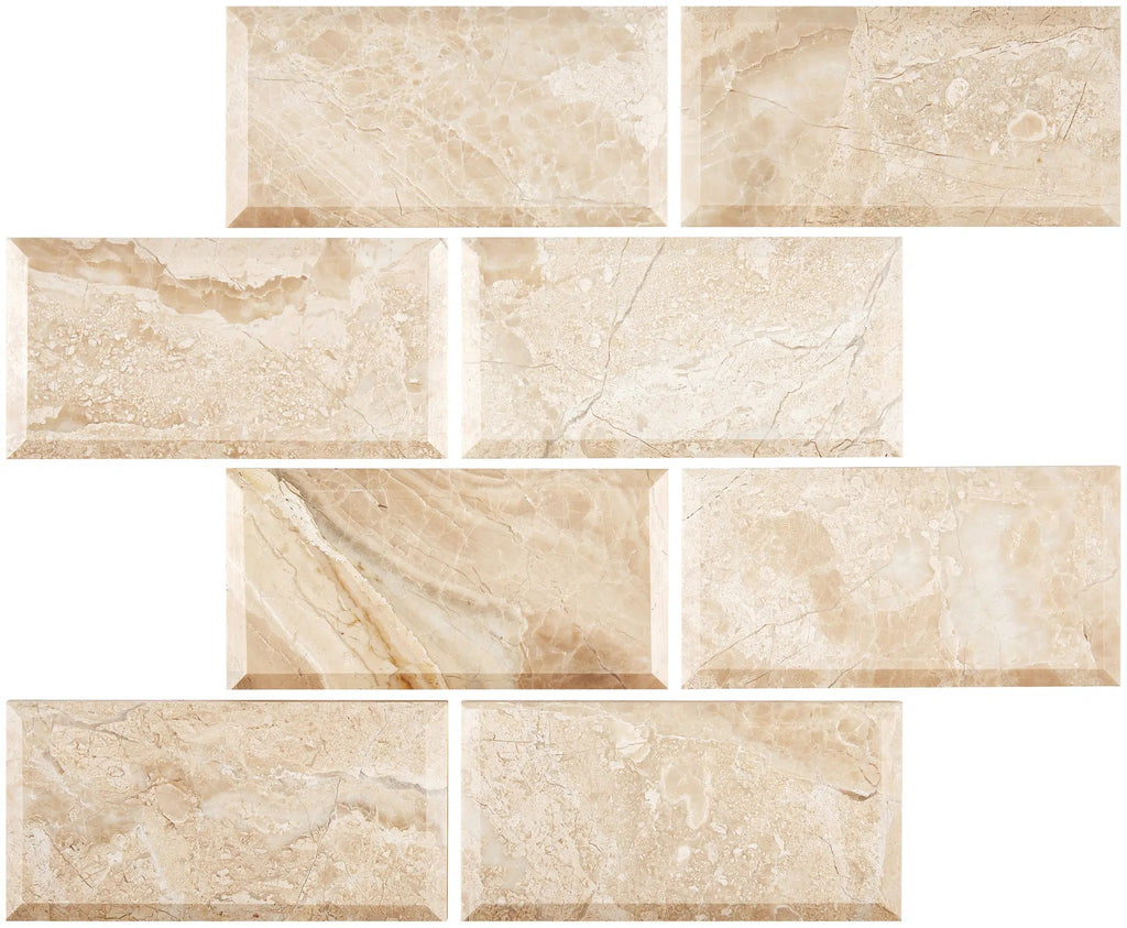 Diano Royal (Queen Beige) Marble 3X6 Deep-Beveled Tile Polished-Honed