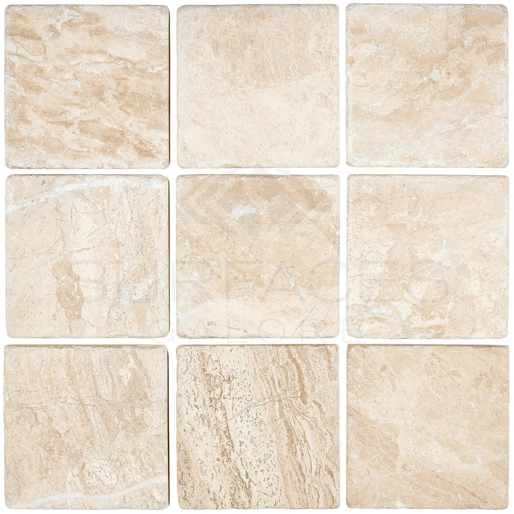 Diano Royal (Queen Beige) Marble 4X4 Tile Tumbled - SurfacesGalore