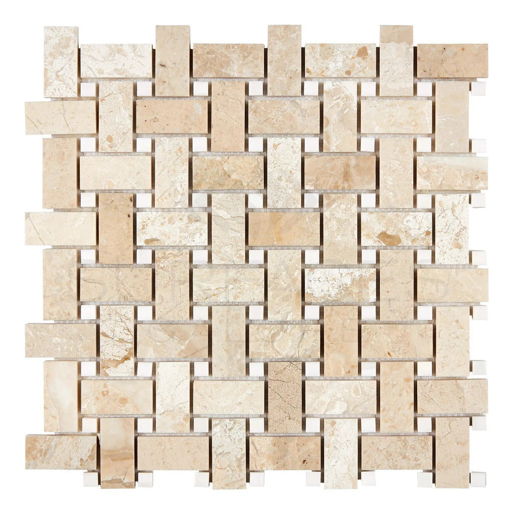 Diano Royal (Queen Beige) Marble Basketweave (w/White Dolomite) Mosaic Polished - SurfacesGalore