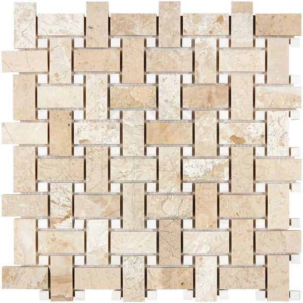 Diano Royal (Queen Beige) Marble Basketweave (w/White Dolomite) Mosaic Polished - SurfacesGalore