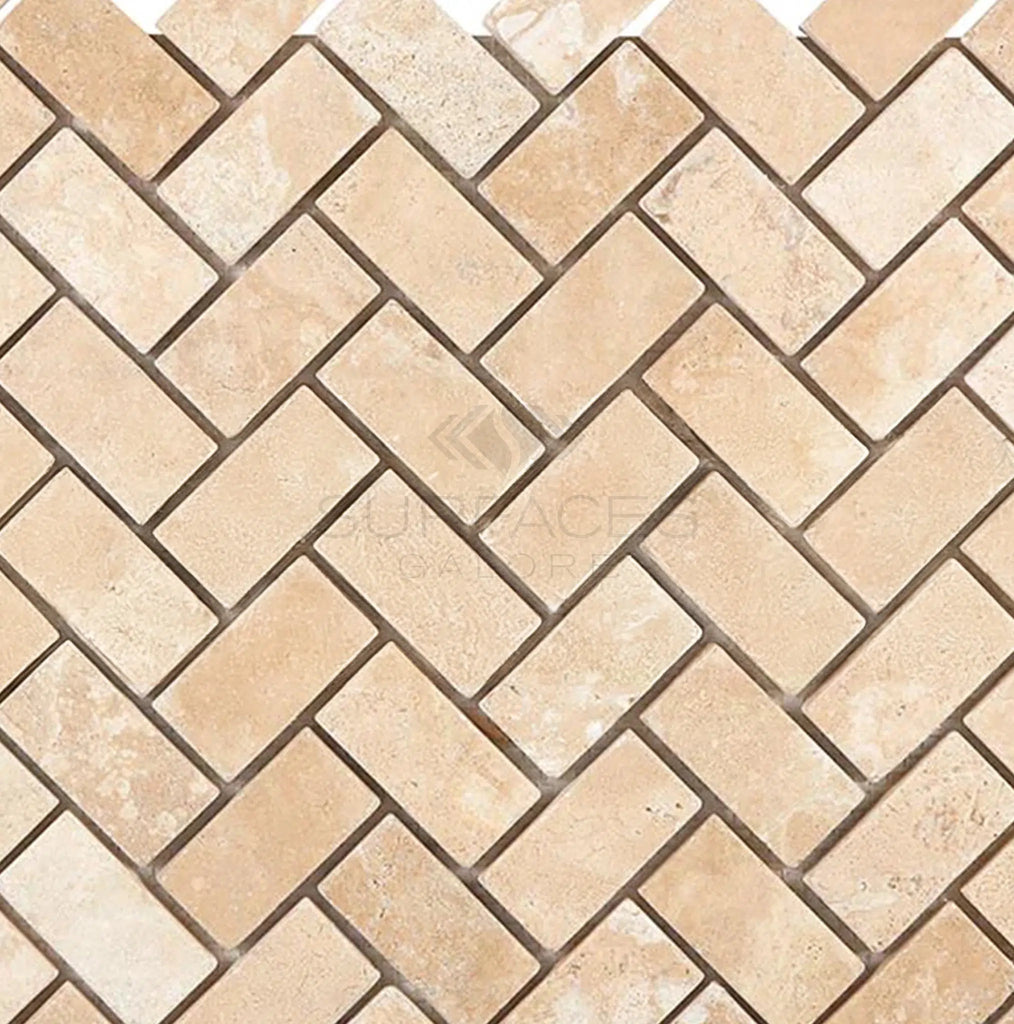 Durango/Paredon (Mexican) 1X2 Herringbone Mosaic Travertine Tumbled - SurfacesGalore